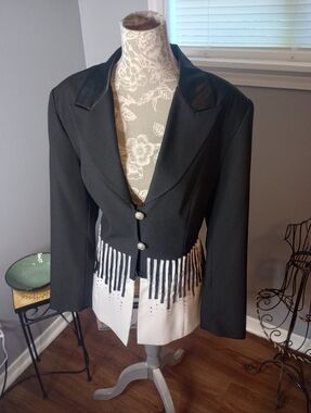 KB Black & White Piano Key Women's Blazer Rhinestone Studded Vintage 1990s